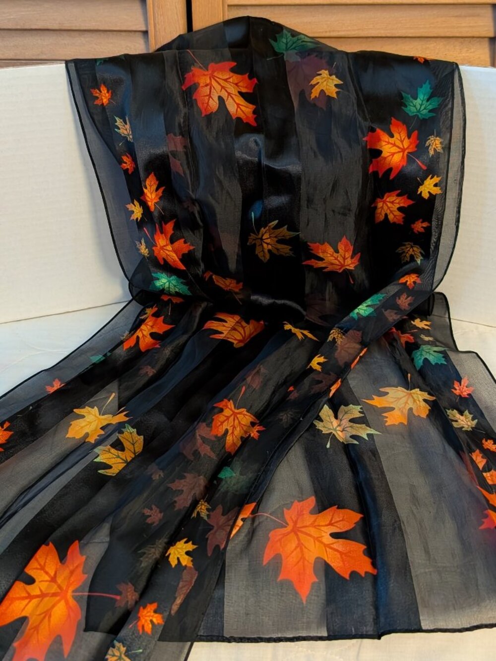 Oscardo Black Lightweight Polyester Scarf with Orange Yellow & Green Fall Leaves